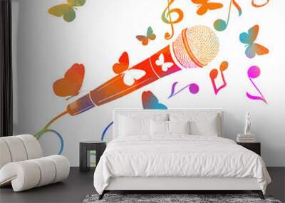 Multicolored microphone with butterflies and notes. Cartoon vector icon isolated on white background mic. Vector illustration Wall mural