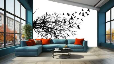 Realistic illustration with silhouettes of three birds - crows or ravens sitting on tree branch without leaves and flying, isolated on white background - vector Wall mural