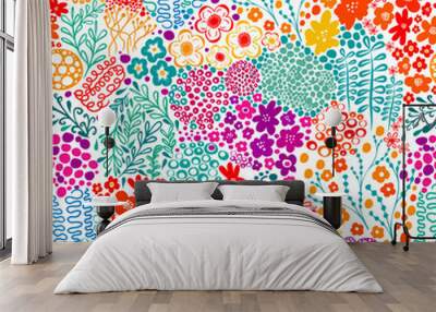 Seamless background from multicolored flowers and butterflies. Beautiful pattern of small beautiful flowers and twigs . Vector illustration Wall mural