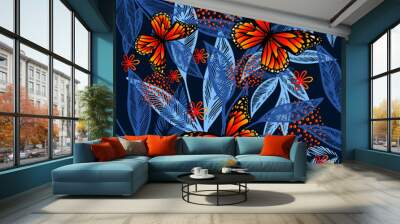 Seamless pattern of blue and orange butterflies. Vector illustration Wall mural