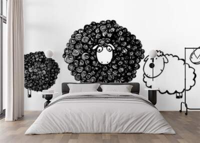 Set of monochrome sheep. Mixed media. T-shirt print. Vector illustration Wall mural