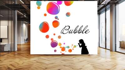 Silhouette of a girl blowing soap bubbles. Vector Wall mural