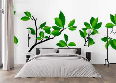 Summer tree branch with fresh green leaves. Vector illustration Wall mural