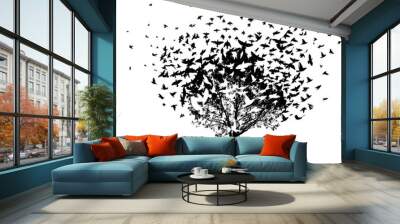 The silhouette of a tree with birds flying. Vector illustration Wall mural