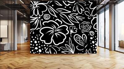 Vector seamless black and white floral pattern. Seamless pattern flowers line black. Vector illustration Wall mural