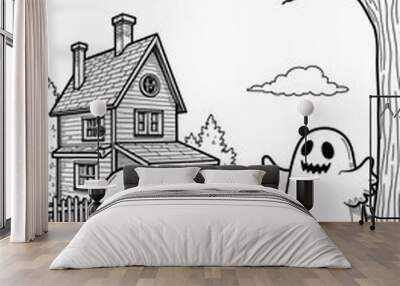 town in the woods with two cute ghosts, halloween coloring page Wall mural