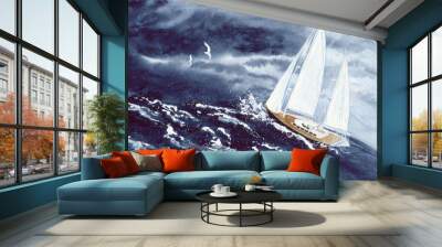  Watercolor picture of a sailing  boat in the storm sea with dark sky on the background Wall mural