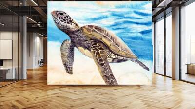 Watercolor illustration of a colorful sea turtle swimming in the bright turquoise waters of the ocean Wall mural