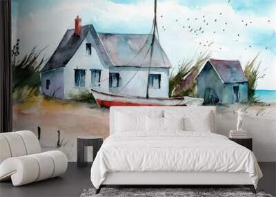 Watercolor illustration of a house and a boat on a sandy beach with some trees and blue sea on the background
 Wall mural