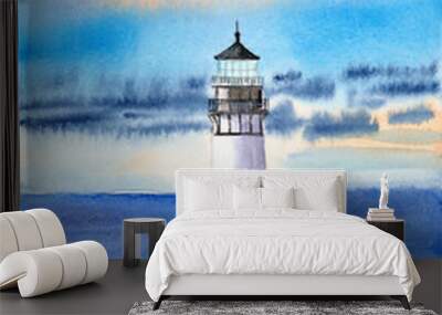 Watercolor illustration of a landscape with Yaquina Head Lighthouse on a grassy shore under a colorful sky and blue ocean in the background Wall mural