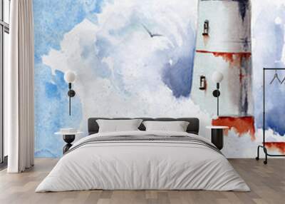 Watercolor illustration of a lighthouse in a stormy blue sea, with crashing waves, white sea foam and splashing water  Wall mural