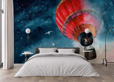 Watercolor illustration of a red air baloon in starry night sky with white seagulls
 Wall mural