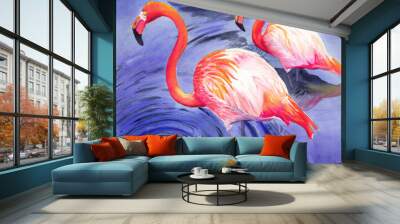 Watercolor illustration of two bright pink flamingos standing in water with circles spreading across the surface (This illustration was drawn by hand without the use of generative AI!) Wall mural