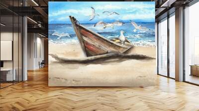 Watercolor picture of an old fishing boat on the sandy beach with some seagulls Wall mural