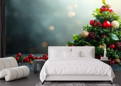 A creative holiday decoration featuring greenery, red berries, nuts, and pine cones arranged in a festive Christmas tree shape. Snow falls gently around. Wall mural