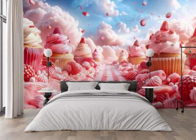 Cupcakes with pink and white frosting and strawberries in a dreamy, candy-filled landscape. Wall mural