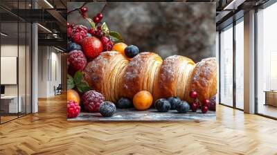 Freshly baked croissant paired with an assortment of berries and frosted branches, set against a rustic winter backdrop. Wall mural