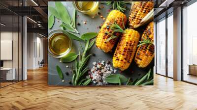 Grilled corn on the cob with herbs, oil, and spices, showcasing a delicious summer barbecue dish. Wall mural