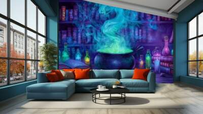 Magical cauldron bubbling with green potion in a mystical witch’s library filled with books and potion bottles, ideal for fantasy or Halloween designs. Halloween background. Wall mural