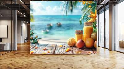 Refreshing tropical fruit setup with ocean backdrop ideal for travel and wellness concepts. Wall mural