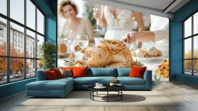 Thanksgiving dinner with a beautifully roasted turkey and elegant table setting. Wall mural