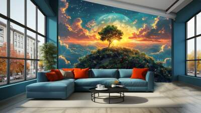 Tree on cliff with surreal Earth backdrop symbolizing hope and nature. Wall mural