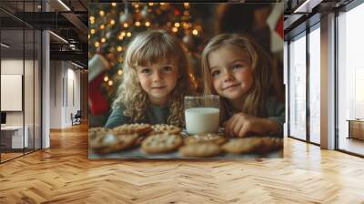 Two children smiling by a Christmas tree with cookies and milk, creating a warm holiday atmosphere. Wall mural