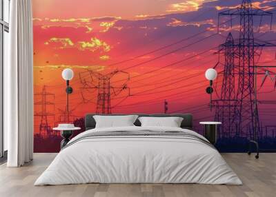 Heavy electric voltage polls in dusk  background Wall mural