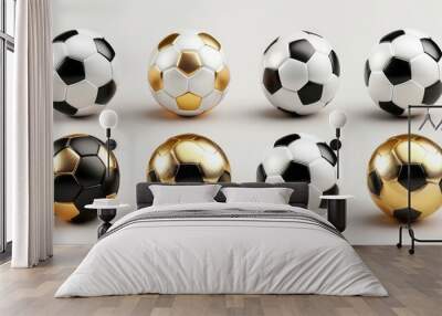 Soccer ball set. Football balls set realistic 3D design style. Leather texture golden and white black colors. Isolated sports elements on white background. illustration Wall mural