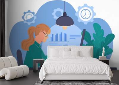 Girl is sitting at the table and typing on the computer keyboard. Young woman works by the light of a lamp. Student is preparing for the exam. Graphs and charts in the background. Vector illustration Wall mural