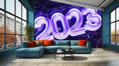 Futuristic neon label of the 2023 year. 3D numbers of the new year Wall mural