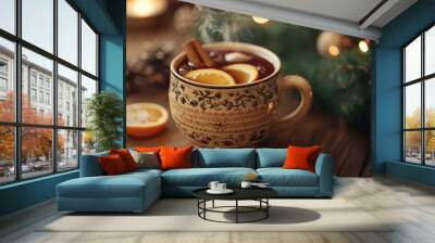 Cozy winter evening with a steaming cup of spiced orange drink amidst festive decorations and warm lights Wall mural