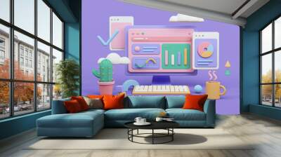 Workplace 3d render. Business and finance analytics theme.  Wall mural