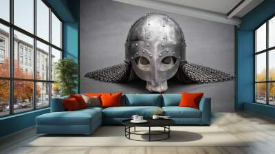 Skull in a Viking helmet, on a gray background Wall mural