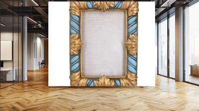 Gold blue photo frame with carved ornament and yellow flowers isolated on white background Wall mural