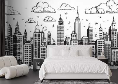 City landscape. Line urban backdrop. Skyline with clouds, different buildings on street, doodle street draw, outline cityscape hand sketch, flat houses. Hand drawn vector illustration Wall mural