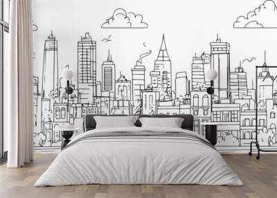 City landscape. Line urban backdrop. Skyline with clouds, different buildings on street, doodle street draw, outline cityscape hand sketch, flat houses. Hand drawn vector illustration Wall mural