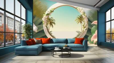 3D podium with copy space for product presentation on abstract Hawaii Palm Beach background. Minimalistic concept of tropical summer and vacation. Frame with flowers near podium background of palm.  Wall mural