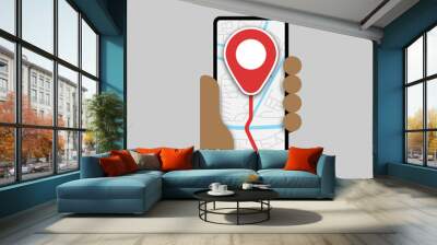 Smartphone in hand with pin on map on screen 1 Wall mural