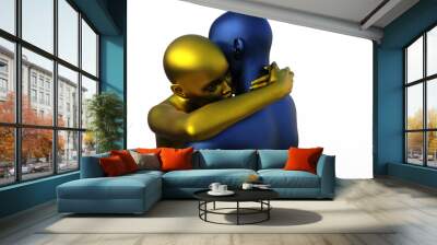 3D render portrait of golden woman and blue man hugging.  Wall mural