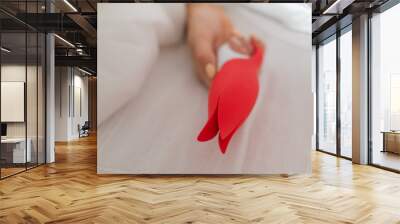 A faceless woman lies in bed under a blanket holding a clitoral vibrator. The girl masturbates Wall mural