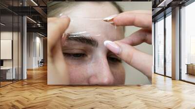 The master uses a plastic film during lamination of the eyebrows. Wall mural