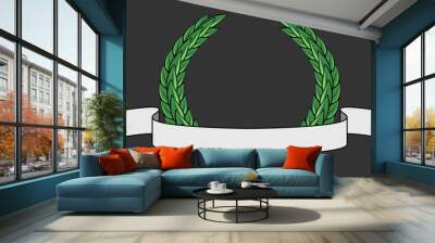 Laurel Wreath with award ribbon . A wreath of green laurel leaves isolated on a black background. Wall mural