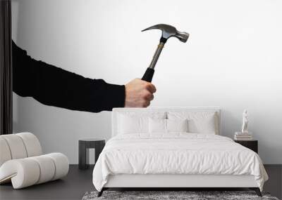 A handyman holds a metal hammer in his hand on a white background Wall mural