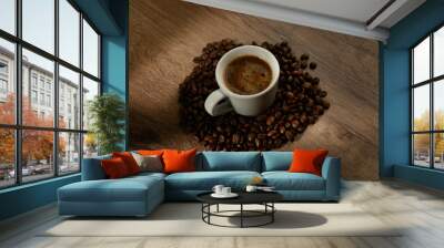 Espresso coffee cup on vintage table with roasted coffee beans 2 Wall mural