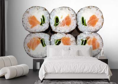 Maki smoked salmon, cream cheese, rice, green onion on a white background, studio shooting 1 Wall mural