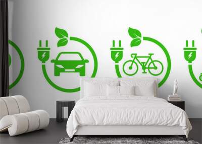 Charging stations vector icons. Charging for bicycle, car and electric scooter. Point eco recharge energy. Green parking. Wall mural