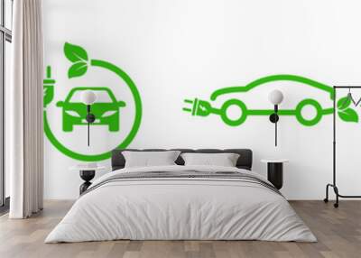 Set of green electric car with plug. Electric car charger place. Recharger battery station for automobile. Friendly alternative energy. Wall mural