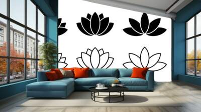 Set of lotus flowers vector icons. Relax, calm and harmony symbol. Black line icons. Wall mural