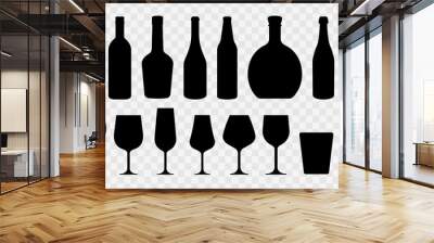 Set with alcohol bottles and glasses vector icons. Black silhouette with wine, cognac, champagne, beer bottle and glass. Alcohol collection. Wall mural